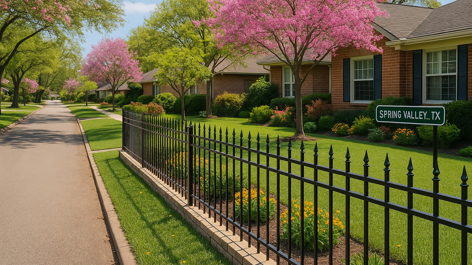 A beautiful residential yard in Spring Valley, TX featuring a wrought iron fence.