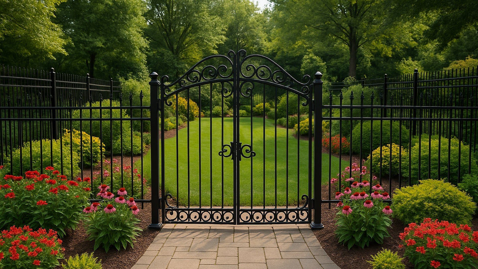 Wrought iron fence with decorative gates in a landscaped Cypress, TX backyard.
