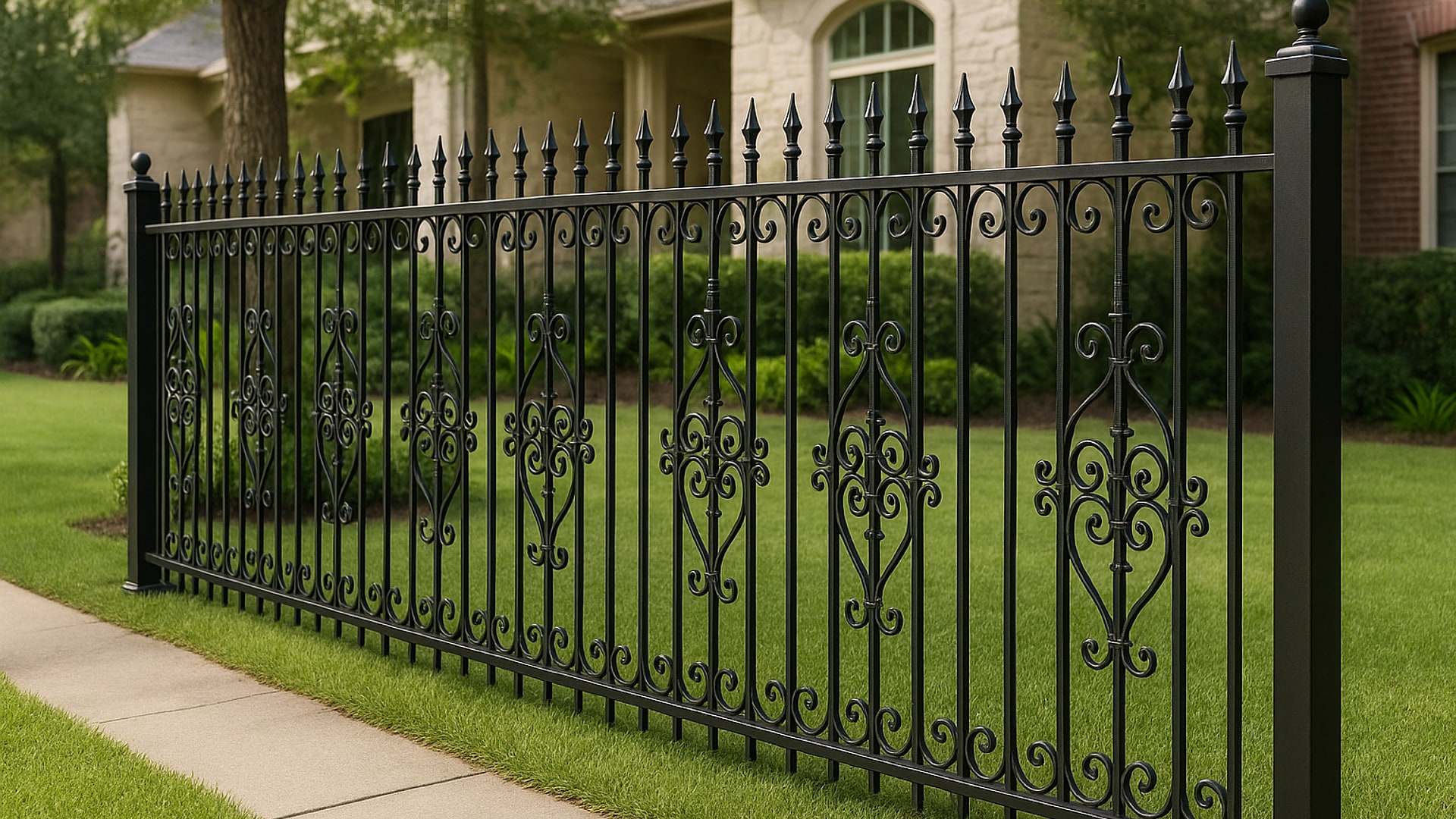 Wrought iron fence enhancing the landscape in The Woodlands, TX