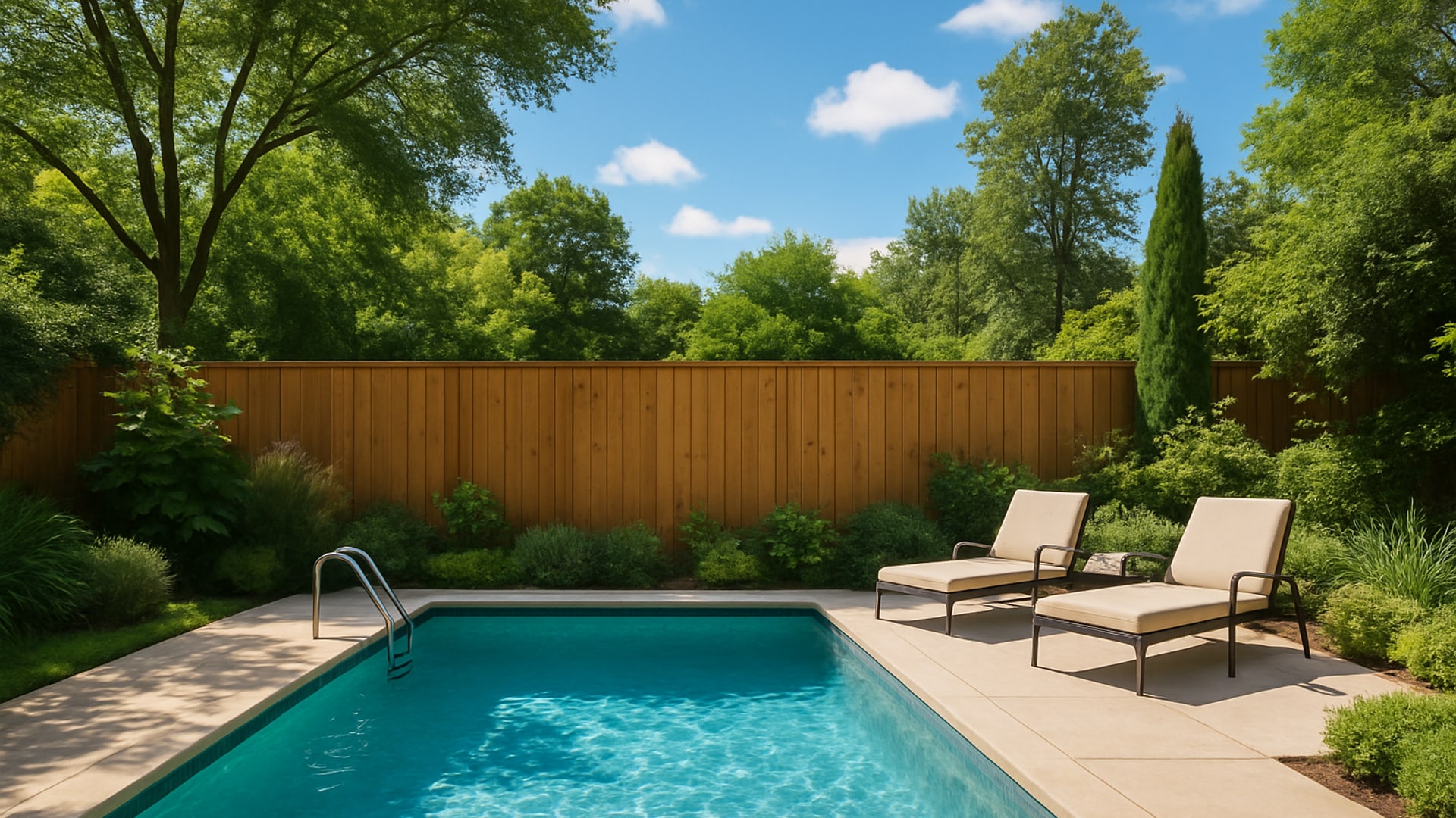 Backyard pool with safety fence and privacy landscaping in Pasadena, TX
