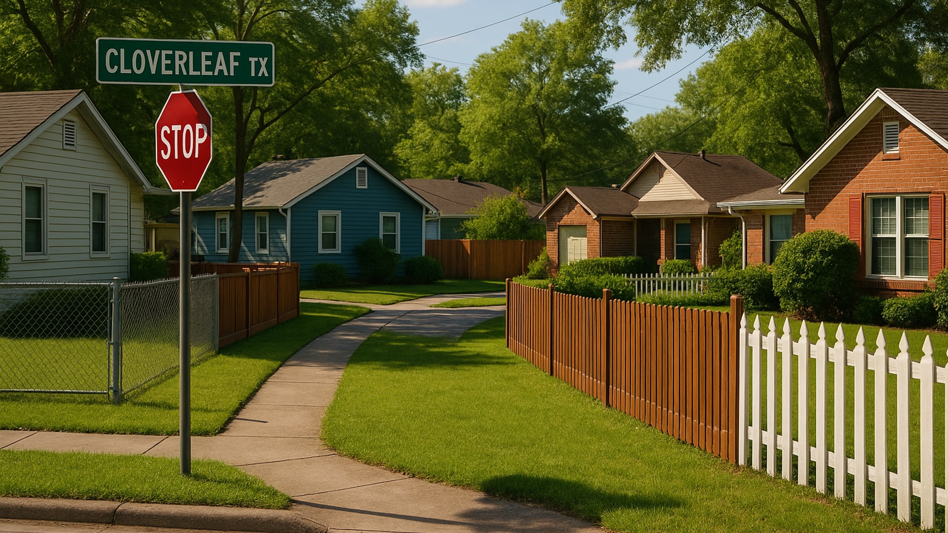 Residential street in Cloverleaf, TX with diverse fence styles and designs.