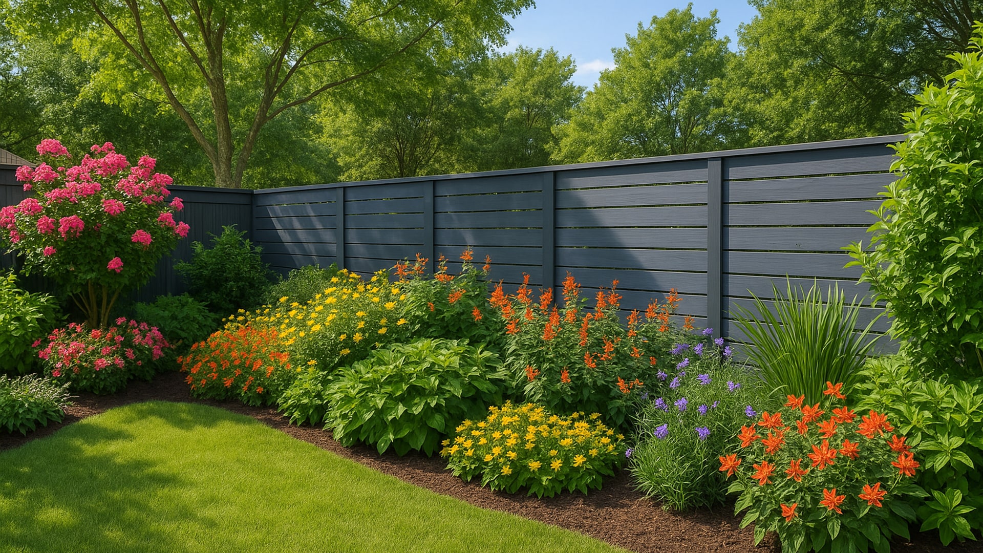 A privacy fence in a North Shore backyard with blooming plants.
