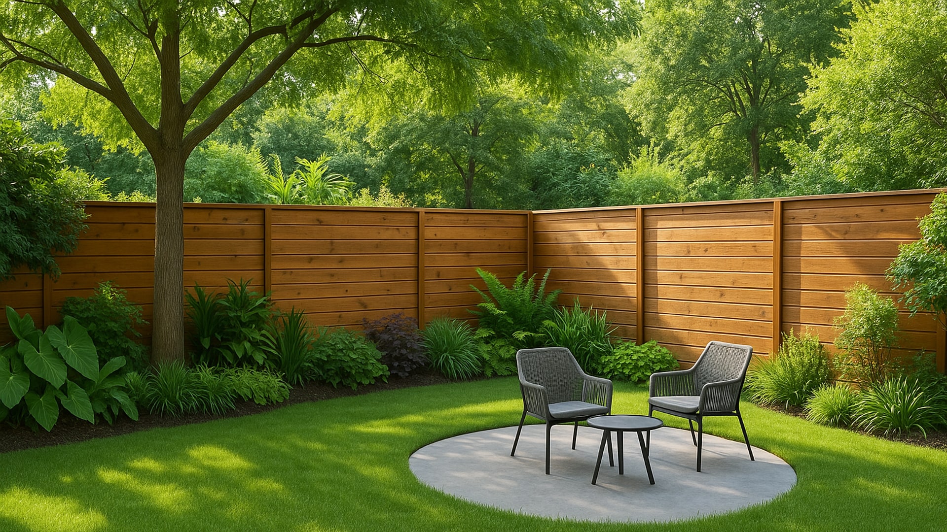 Backyard privacy fence in Sheldon, TX, with green plants.