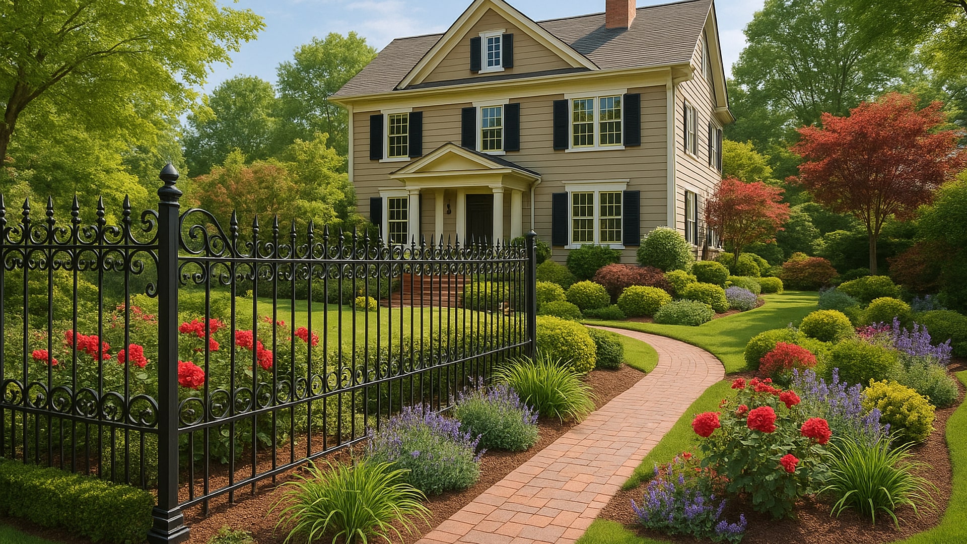 Wrought iron fence surrounding a landscaped yard in Dyersdale, TX