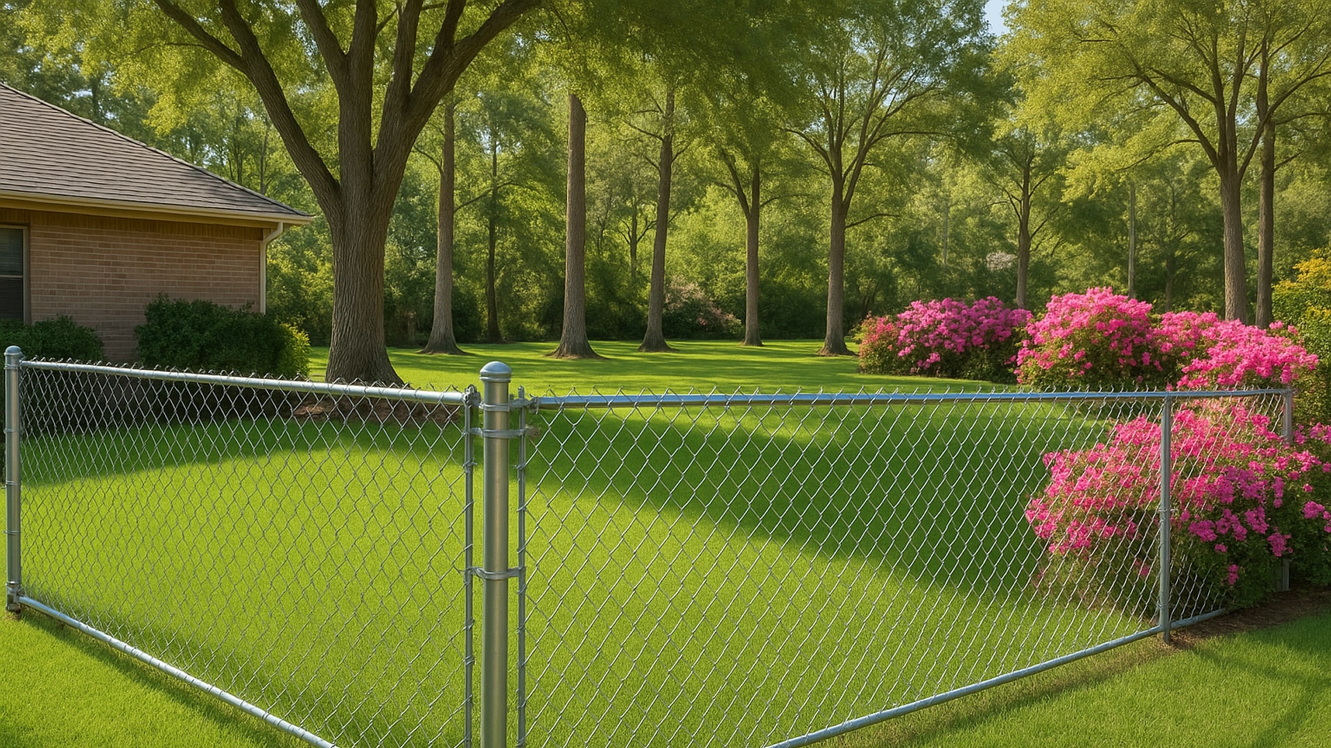 Residential chain link fence in Cypress, TX with a vibrant garden.