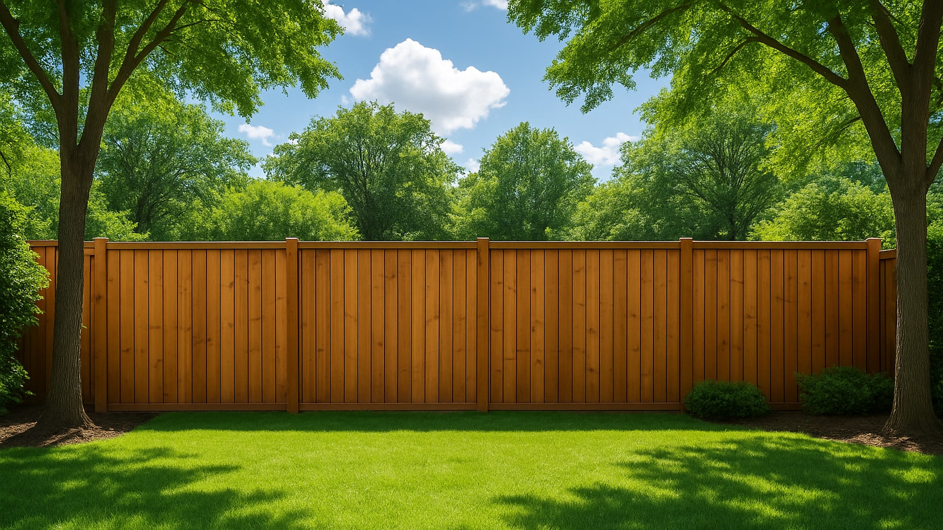 Wooden privacy fence in a lush green yard