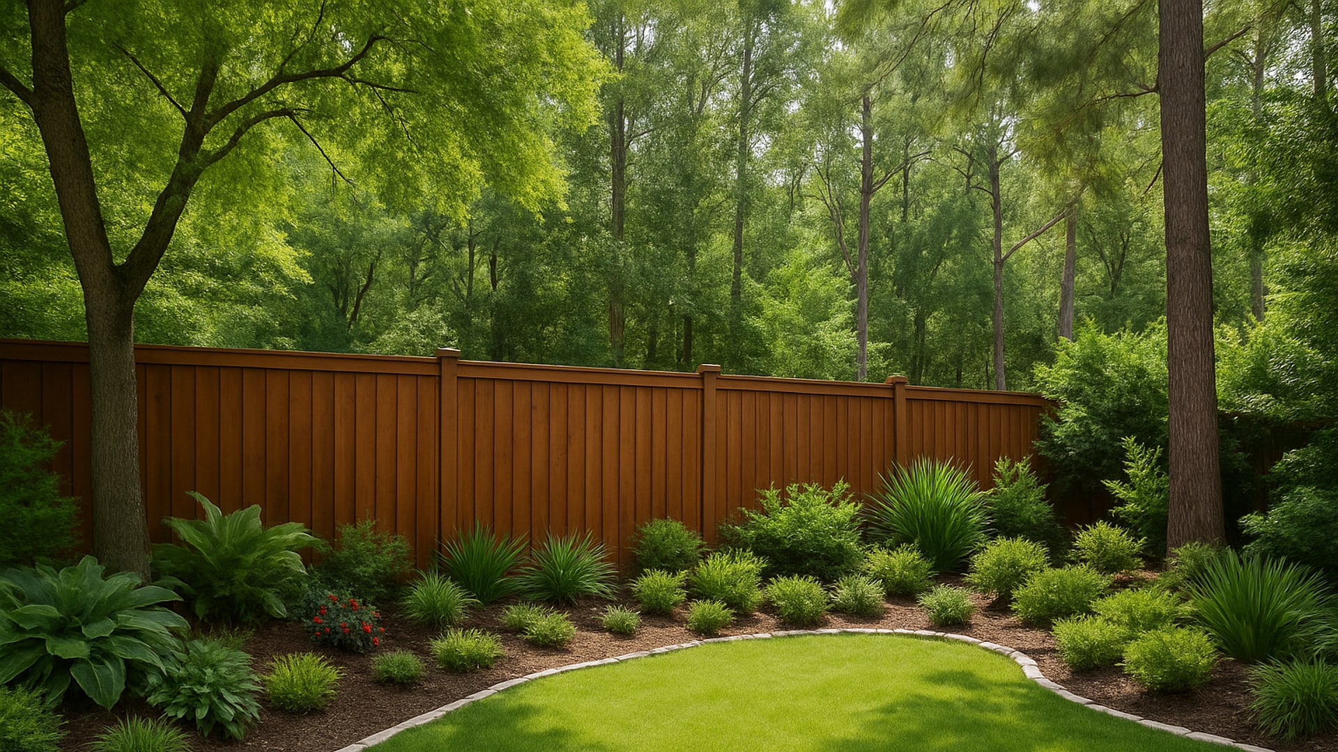 A tall privacy fence in a backyard setting in The Woodlands, TX.