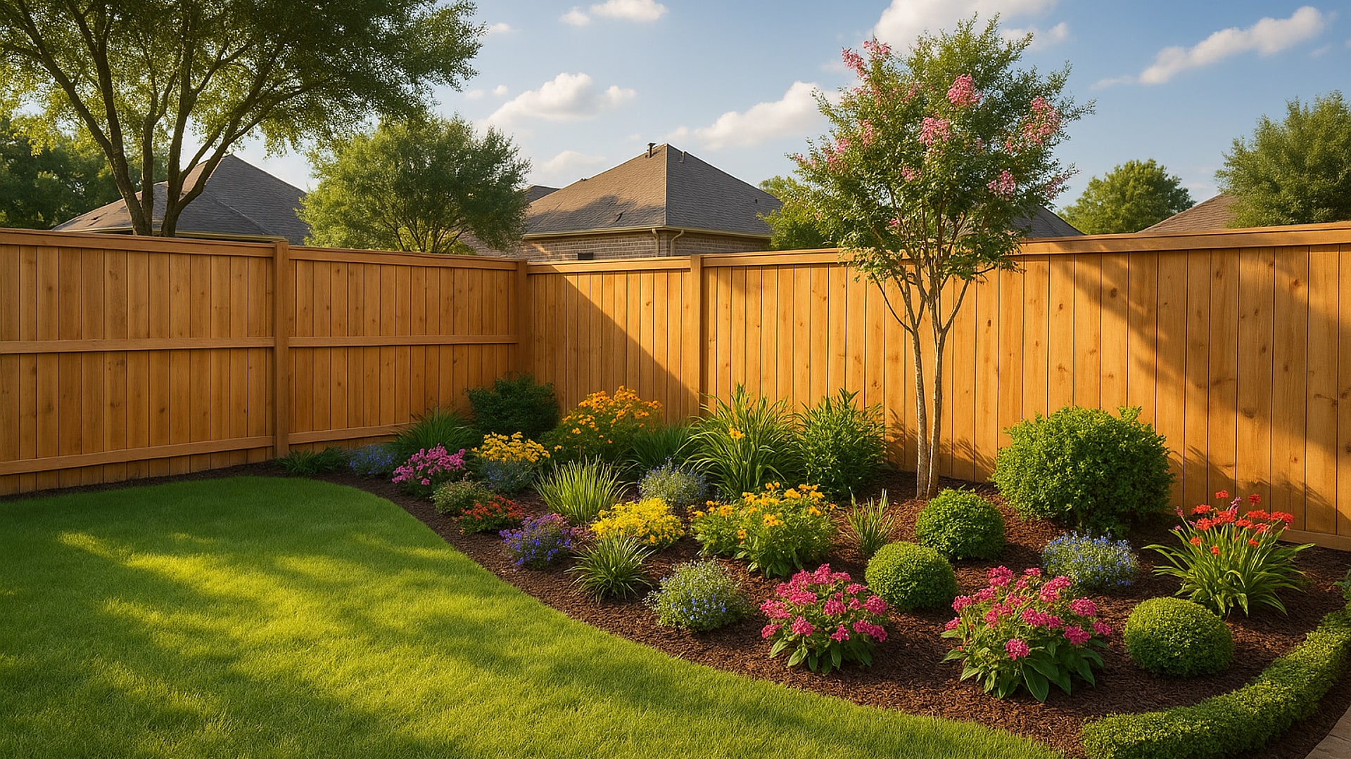 Beautiful backyard with a newly installed wooden fence in Cypress, TX.