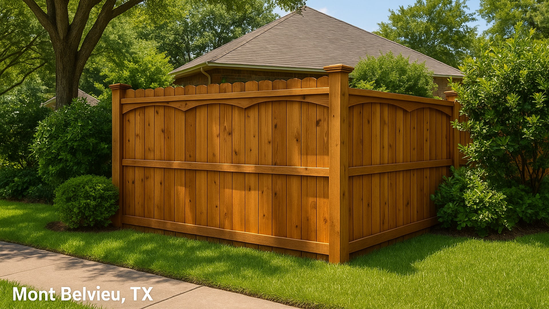 Residential fence in Mont Belvieu, TX with greenery.